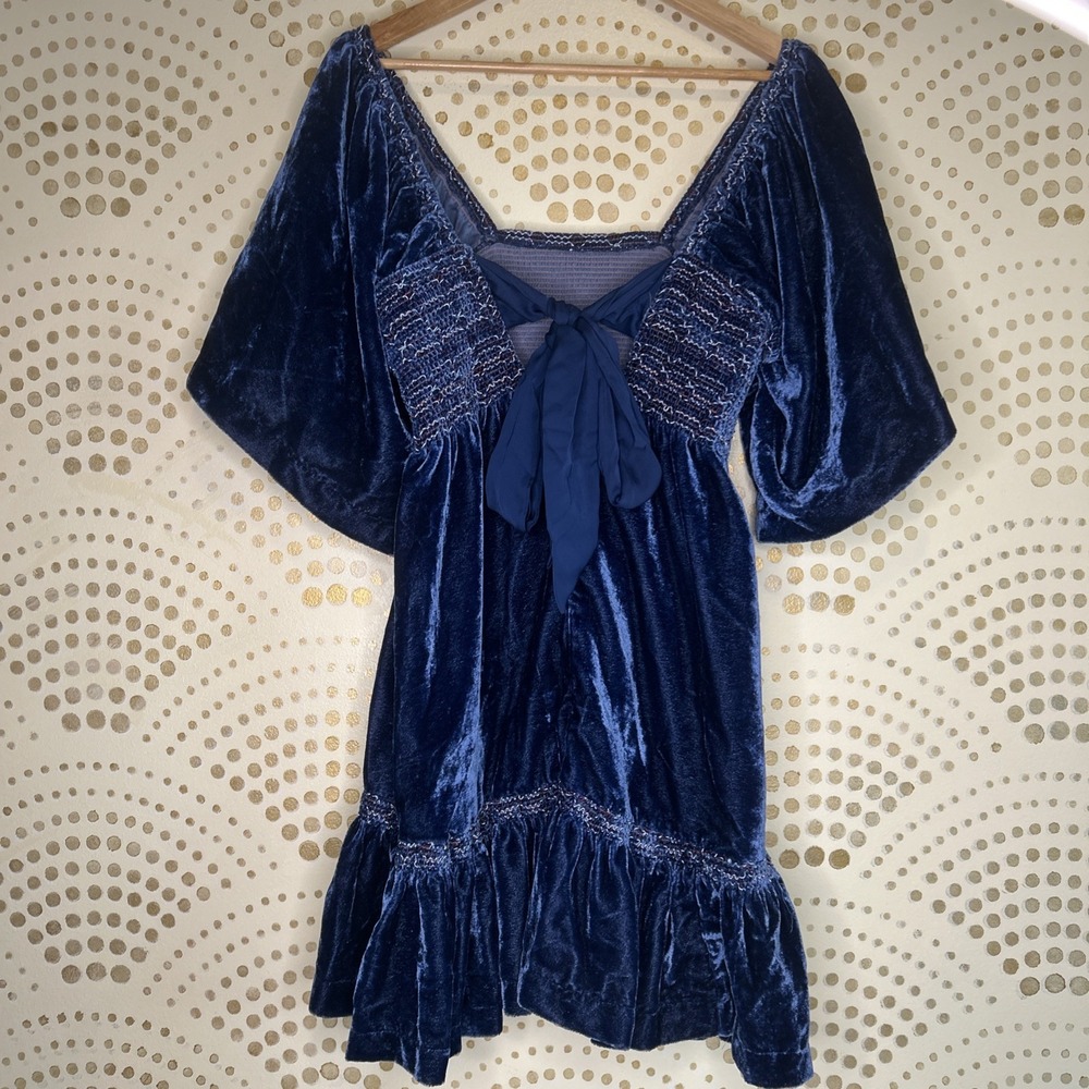 Free People NEW LARGE‎ Blue Velvet Square Neck Mini Dress BOHEMIAN Hippy Whimsy